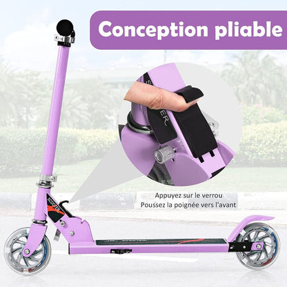 Trottinette Enfant 2 Roues Patinette Enfant Pliable Scooter Enfant Kick Avec LED Lumière Hauteur Réglable Bleu/Bleu Foncé/Rose/Rouge/Violet