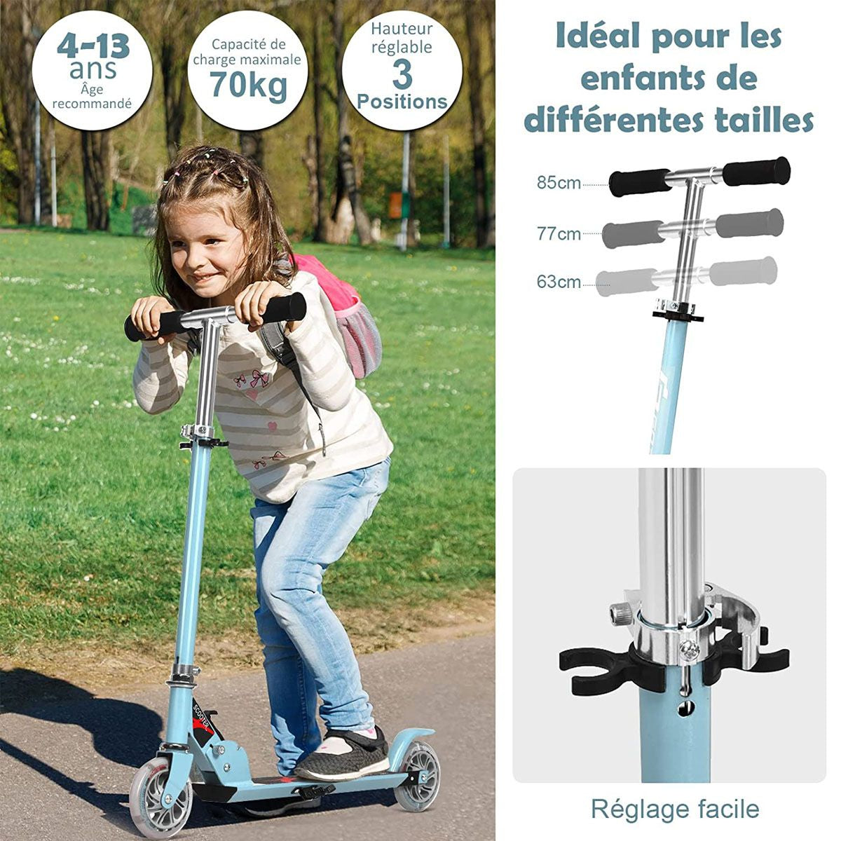 Trottinette Enfant 2 Roues Patinette Enfant Pliable Scooter Enfant Kick Avec LED Lumière Hauteur Réglable Bleu/Bleu Foncé/Rose/Rouge/Violet