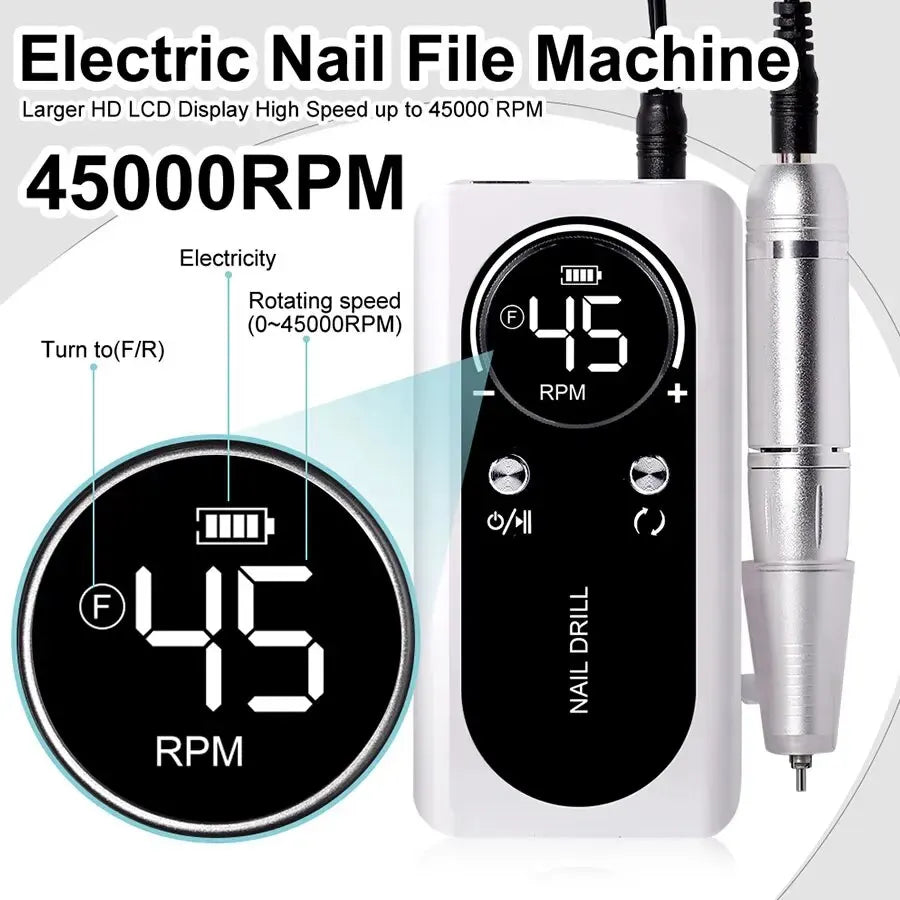 Ponceuse à Ongles Électrique Portable 45 000 RPM – Rechargeable et Silencieuse