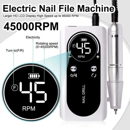 Ponceuse à Ongles Électrique Portable 45 000 RPM – Rechargeable et Silencieuse